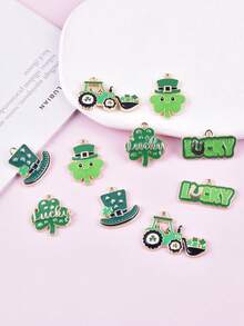 10个/包 时尚爱尔兰三叶草锌合金吊坠饰品，适合女士耳环项链DIY，DIY礼物 - 綠色 - 查看 2