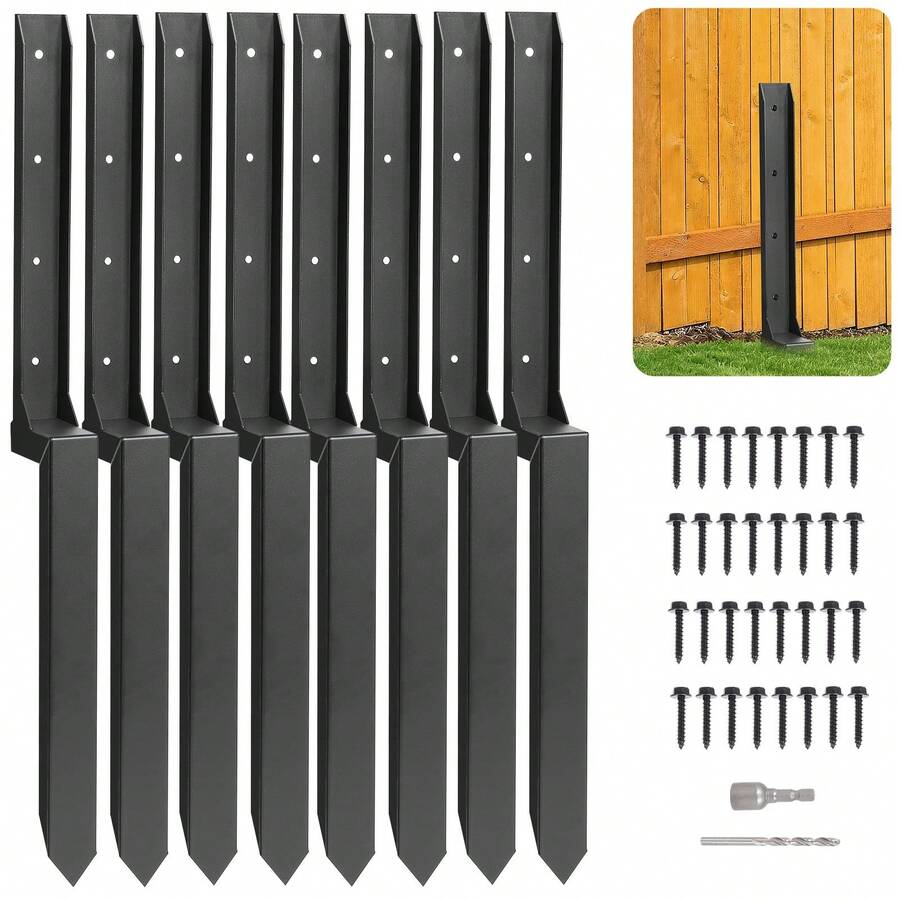 GCCSJ Fence Post Repair Kit, 8 Pack One-Piece Fence Post Anchor, 33.5" Heavy Duty Steel Anchor Stakes, Thickened Rustproof Anchor Ground Spike For Repair Tilted, Broken Wood Posts Support (Black)