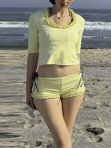 Women Y2k Striped 2 Pice Pajama Set Scoop Neck Half Sleeve Ruched Tops Low Waist Shorts Cute Slim Fit Tank Tee Mini Short Matching Sets Summer Going Outfit Beach Vacation Outfits Casual Streetwear - 黃色 - 查看 3