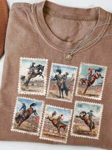 Vintage Washed Cotton Women's T-Shirt, Western Rodeo Cowboy Wild Horse Stamp Print Retro Casual Streetwear Top, Versatile Summer&Autumn Daily Wear Tee - 咖啡棕 - 查看 1
