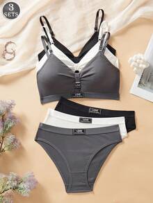 3套女款法式蕾絲內衣褲套裝，無鋼圈軟罩杯Bralette，字母印花細肩帶加厚抹胸，性感鏤空露背設計內衣套裝 - 彩色 - 查看 2