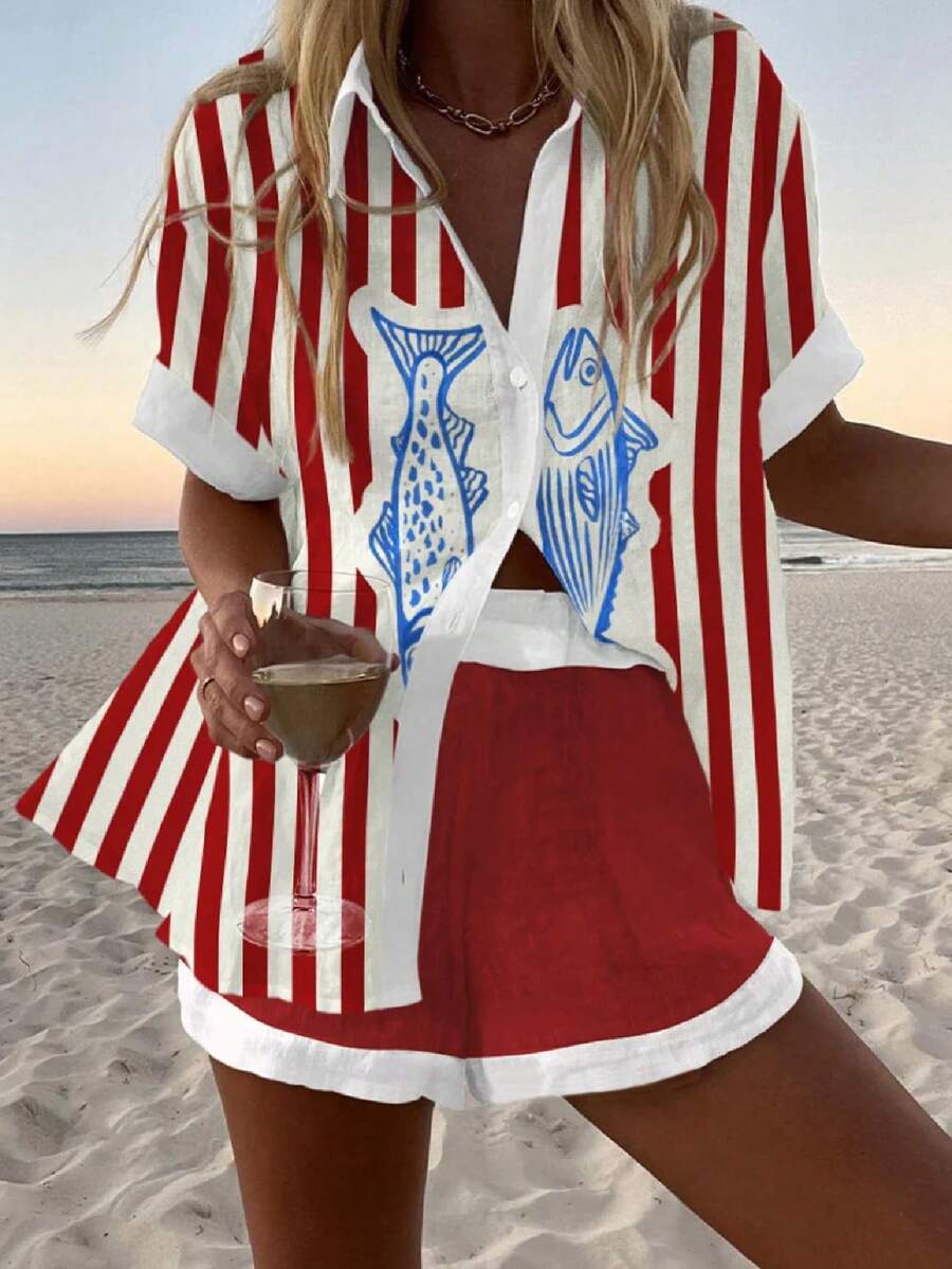 波西米亚海滩度假风宽松条纹鱼鳞印花纽扣松紧腰短裤休闲套装，适合早午餐，女士 - 紅色 - 查看 1