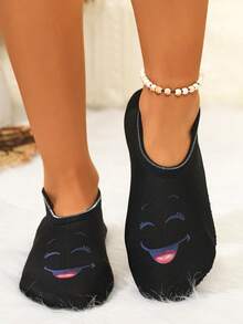 Women's Cute Face Design Breathable High Elastic Indoor House Slippers, Suitable For Home, Beach, Yoga, All Seasons - Black - View 2