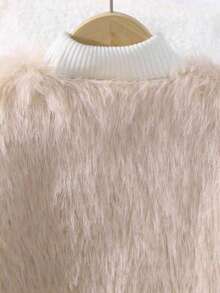 Girls Khaki Faux Fur Long Sleeve Jacket, Fashion Khaki Faux Fur Coat For Girls In Autumn/Winter