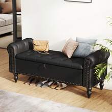 Fumahaus 52" Ottoman Bench With Storage Modern Tufted Storage Bench With Rolled Arms And Nailed Trims Large Bed Bench Flared Footrest Stool For Corridor Bedroom Living Room Hallway Room Decor Christmas Holiday Gift - PU - Màu đen - Xem 6