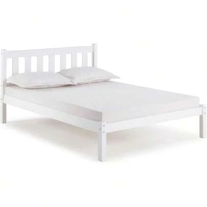 Poppy Full Wood Platform Bed, White - 200 Kgs W/ Headboard, Footboard, & Side Rails - Brazilian Pine - For Bedroom - Shaker, Transitional & Contemporary Style