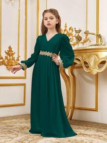 ALISA&LEO Girls Elegant V-Neck Long Lantern Sleeve Maxi Dress With Gold Embroidery Waist For Wedding Guest, Eid, Evening Party & Special Occasions - Dark Green - View 6