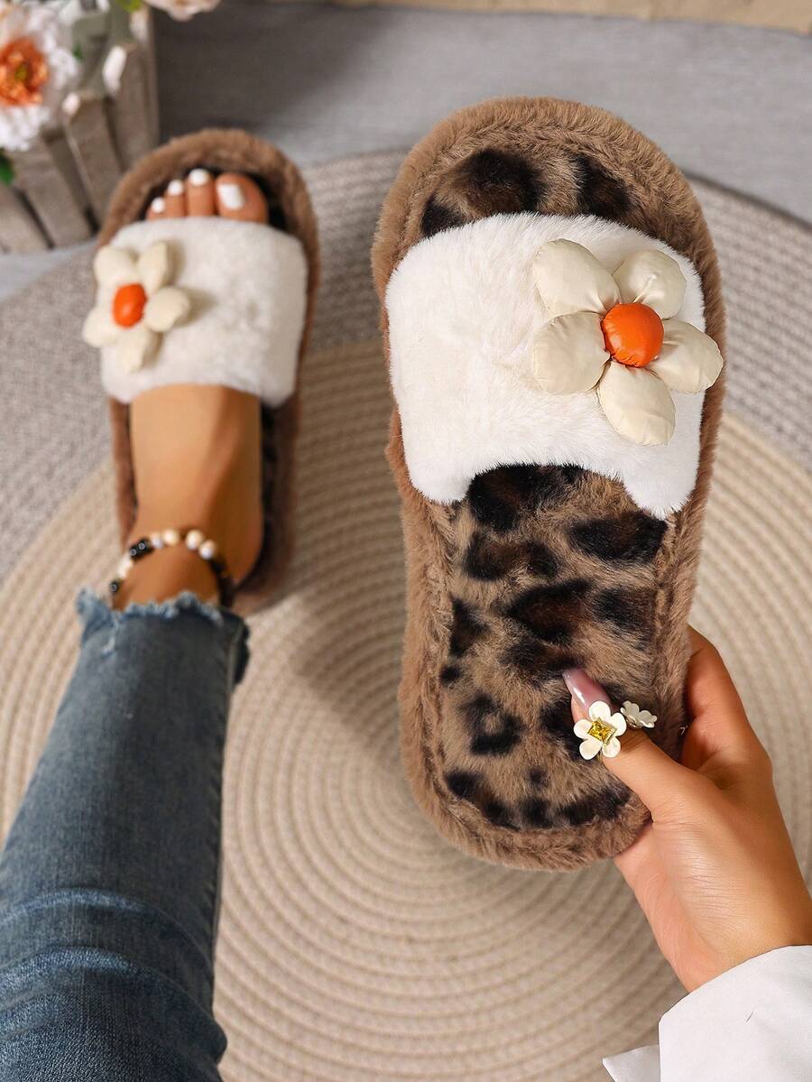 2026 Autumn/Winter Plush Floral Decor Slip-On House Slippers, Indoor & Outdoor Wear - Brown - View 1