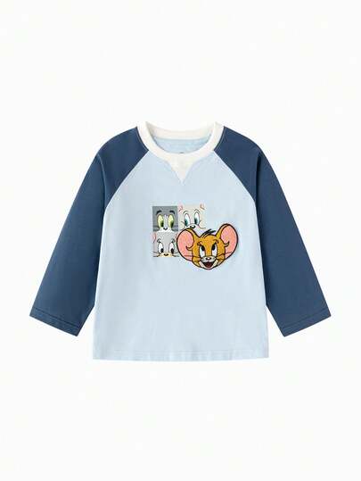 Balabala Boys' Long Sleeve T-Shirt, Round Neck, Funny Cartoon Print, Soft Comfortable Fabric, Casual Wear For Spring