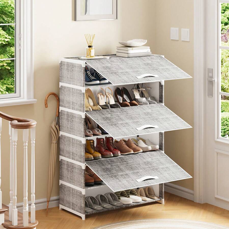 Tomnk 7 Tier Shoe Rack With Dustproof Cover Shoe Shelf Storage, Portable Shoe Shelf With Nonwoven Fabric Cover For Closet Hallway, Bedroom, Entryway, Grey/ Black - 灰色 - 查看 1