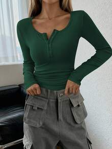 Women's Spring  Fall Long Sleeve Henley T Shirts Button Ribbed Knit Slim Fit Basic Tops Blouse Casual Outfits Valentine's Day Vacation Outfit Women - 墨綠色 - 查看 1