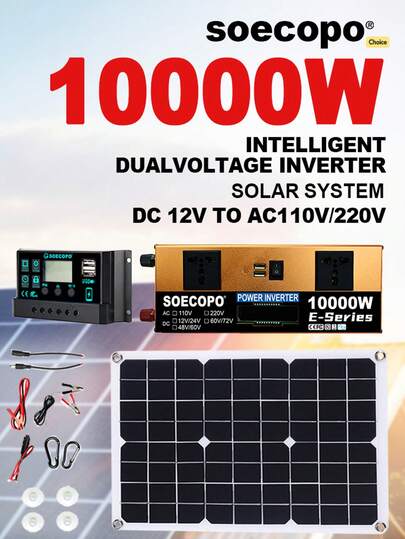 Système d'alimentation solaire 10 000 W, modèle 2024, panneau solaire 500 W, onduleur à onde sinusoïdale pure 12 V/24 V vers 110 V/220 V, 100 A MPPT, système autonome complet pour la maison, les urgences, le camping, certifié CE