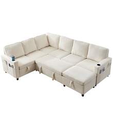 Puremind 101 Inch U Shaped Modular Sectional Sofa, Corduroy Convertible Sofa Bed With Storage For Living Room Apartment - 米色 - 查看 9