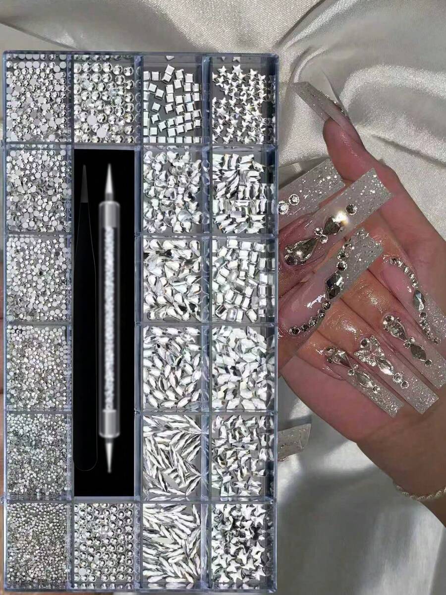 21颗混合闪亮透明钻石水晶3D美甲水钻装饰套装，含点钻笔，时尚美甲装饰品，美甲设计配件，各种形状的美甲宝石，适合DIY和美甲沙龙使用