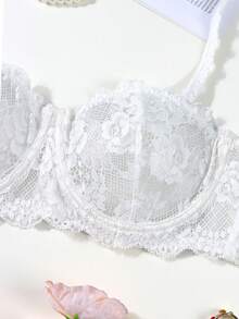 白色蕾丝花卉睫毛性感无钢圈文胸，舒适优雅浪漫半罩杯女士内衣 - 白色 - 查看 6