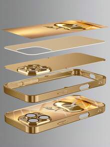 1 pieza Funda de teléfono personalizable con 26 letras, diseño de manzana con strass dorados de moda, chapado en oro, compatible con iPhone 17 Pro Max/16 Pro Max/15/14 Plus/13 Pro/12 Pro Max/11/Xs Max/8/7/6 Plus, de moda, colorida, linda, divertida, minimalista, a juego - Dorado - Ver 5