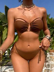 Three Piece Women's Summer New Sexy Metal Ring Connection Decoration One-Piece Strapless Brown Bikini Set, Bohemian Style Lace Up Swimsuit Set, Paired With Shiny Pearl Mesh Covered Skirt, Suitable For Beach Vacations, Pool Parties, Valentine's Day, Carnival Wear - Brown - View 3