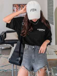 Women's Oversized Printed T-Shirt - Cheerful Paradise Phrase - Loose, Casual, Stylish, Modern, And Cool Blouse - 黑色 - 查看 2