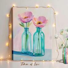 1pc Valentine Wall Art, Token Of Love, A Pink Wooden Framed Wall Art, Wrapped Canvas Vintage Prints Poster, Vases, Pink Flower, Purple Flower, Home Living Room Bedroom Ofice Wall Decor, Birthday Party Decor, Hanging Hardware Included - Wrapped Framed Canvas, Vertical - Lienzo enmarcado - Ver 1