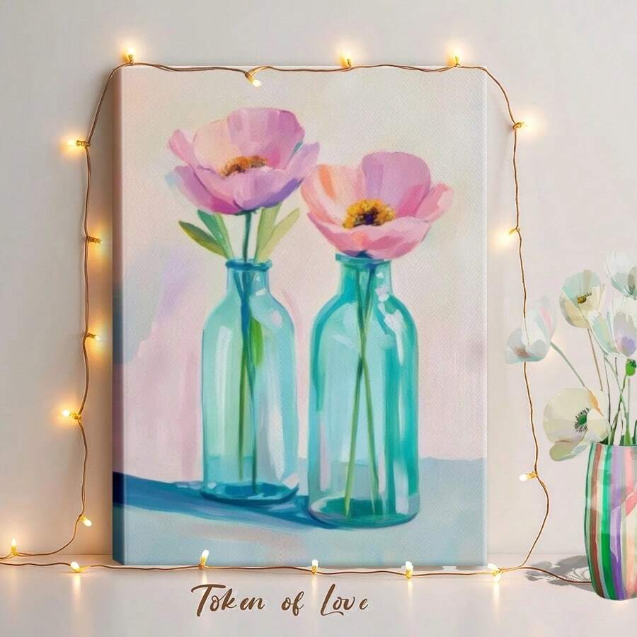 1pc Valentine Wall Art, Token Of Love, A Pink Wooden Framed Wall Art, Wrapped Canvas Vintage Prints Poster, Vases, Pink Flower, Purple Flower, Home Living Room Bedroom Ofice Wall Decor, Birthday Party Decor, Hanging Hardware Included - Wrapped Framed Canvas, Vertical - Lienzo enmarcado - Ver 1
