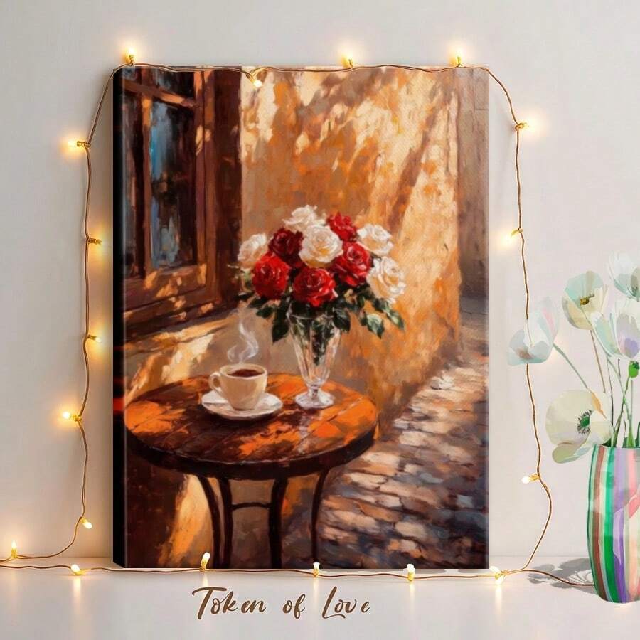 1pc Valentine Wall Art, Token Of Love, A Pink Framed Wall Art, Wrapped Canvas Poster Vintage Prints, Red And White Roses, Wooden Table, Cup Of Coffee, Birthday Party Decor, Decorative Wall Art for Living Room Bedroom Office, Hanging Hardware Included - Wrapped Framed Canvas, Vertical - Lienzo enmarcado - Ver 1