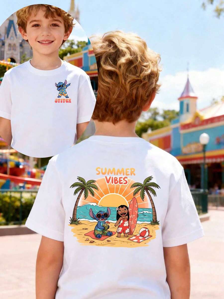 Disney Boys' T-Shirt, Creative Tropical Stitch And Lilo Print, Summer Cotton Crew Neck Short Sleeve For Boys, Perfect For Everyday Wear, Vacations, Outdoor Activities, And As A Gift For Kids. - trắng - Xem 1