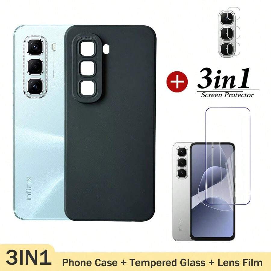 3in1 For Infinix Hot 60 Pro Phone Case Shockproof For Infinix Hot 60 60i Phone Cover + Tempered Glass Protector Film +Lens Film - Black - View 1