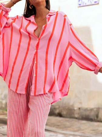 Women's Pink Stripe Loose Blouse, Elegant Casual Top Suitable For Commuting, Daily Wear, Valentine's Day, Outdoor, Spring/Summer