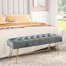 Velvet Grey Upholstery Kitchen Stool, Fabric Pull Down Bed End Stool, Multi-Functional Entrance Shoe Changing Stool, Long Bench With Metal Legs - Grey - View 3