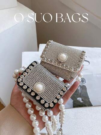 1pc Silver Mini Coin Purse With Pearl Chain Decor & Rhinestone, Spring/Summer