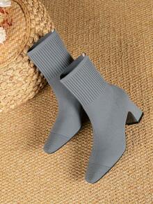 Women's Fabric Ankle Boots, Stylish Ankle Boots, Mid-Heel Square-Toe Boots, Suitable For Everyday Wear. - Grey - View 6