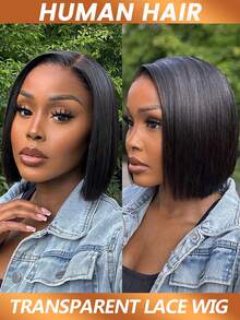 5x5蕾丝闭合假发，巴西直发波波头蕾丝假发，直发真人发假发，带刘海，中分波波头蕾丝假发，180%密度，女士款