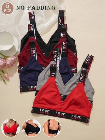 5 pezzi Reggiseno comodo, senza imbottitura e senza fili da donna con laccio a forma di lettera