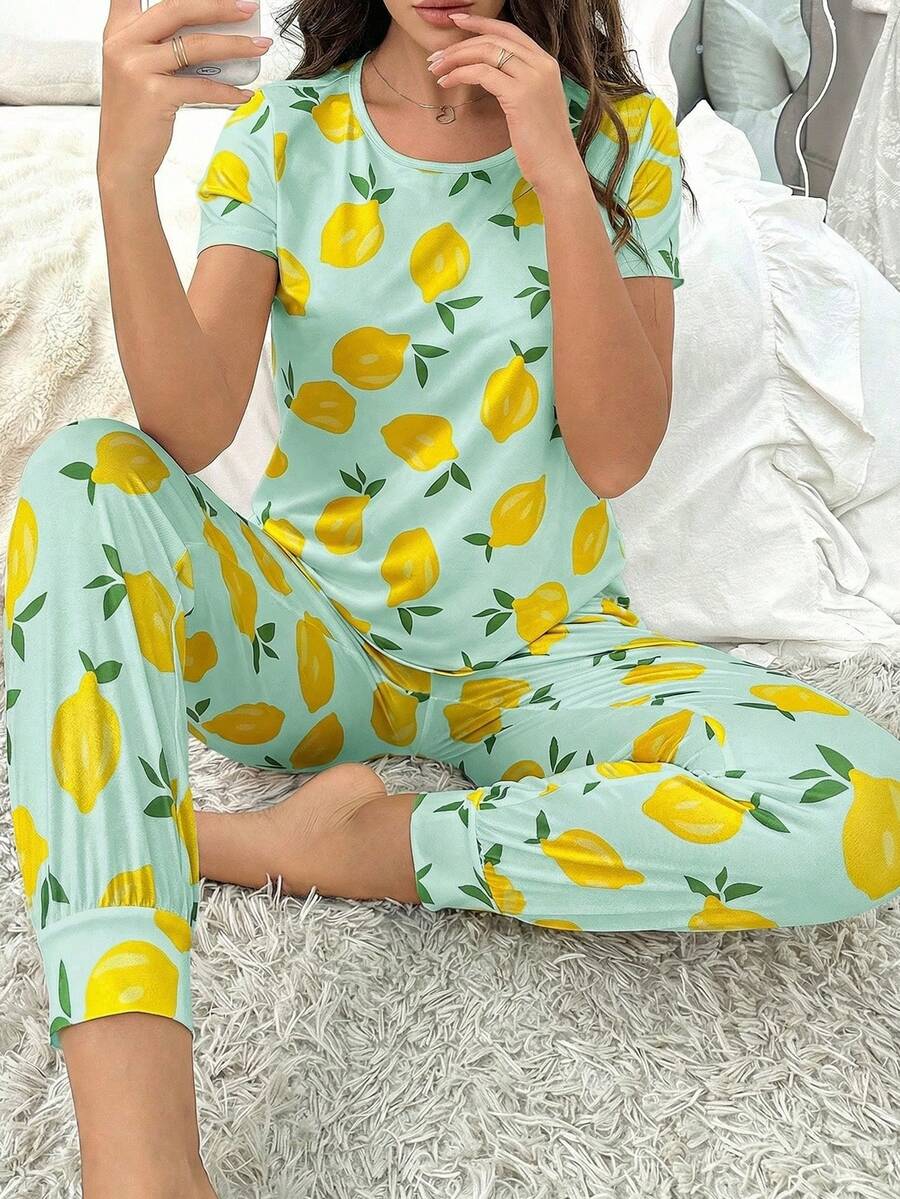 2pcs/Set Lime Green Lemon Print Short Sleeve Top & Fresh Lemon Print Pants, Machine Washable - Lime Green - View 1