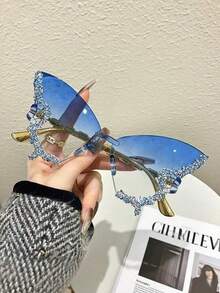 1 قطعة نظارات أزياء مرصعة بالكريستال اللامع على شكل فراشة، نظارات أزياء لامعة للنساء، مناسبة للحفلات والسهرات والاستخدام اليومي - مطابقة لون لون الإطار - مشاهدة 2