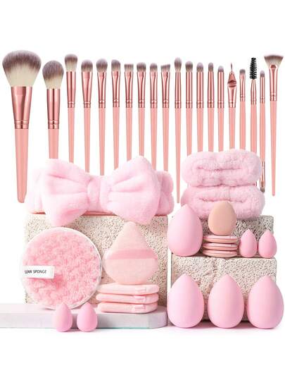 40PCS Makeup Tools Set Including:20PCS Makeup Brush Set+1pc Hairband+2PCS Hand Bowl Strap+1pc Facial Cleansing Sponges+4PCS Triangle Powder Puffs+4PCS Makeup Sponges+4PCS Mini Air Cushion Powder Puffs+4PCS Mini Makeup Sponges,All-In-One & Beginner-Friendly | Travel-Ready & Gift-Ready | Perfect For Newbies/Her