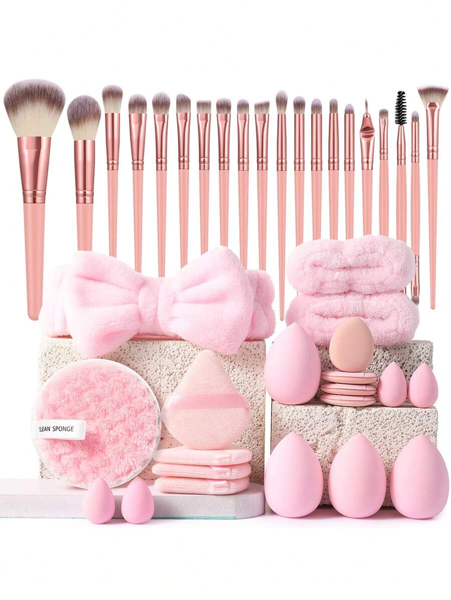 40PCS Makeup Tools Set Including:20PCS Makeup Brush Set+1pc Hairband+2PCS Hand Bowl Strap+1pc Facial Cleansing Sponges+4PCS Triangle Powder Puffs+4PCS Makeup Sponges+4PCS Mini Air Cushion Powder Puffs+4PCS Mini Makeup Sponges,All-In-One & Beginner-Friendly | Travel-Ready & Gift-Ready | Perfect For Newbies/Her - Multicolor - View 1