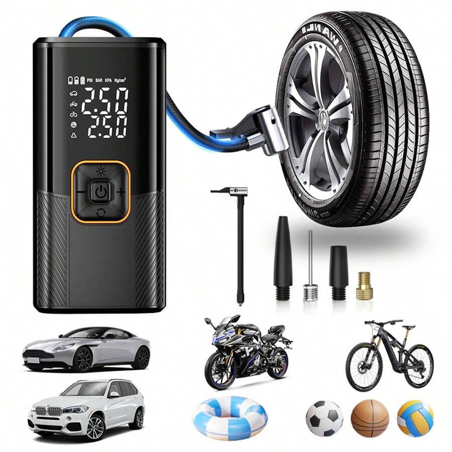 Pompa Kompresor Udara Mobil Nirkabel, Pompa Ban Elektrik Portabel Tekanan Tinggi untuk Mobil, Pompa Sepeda dengan Pengukur Tekanan, Lampu LED dan Aksesori Mobil, Cocok untuk Mobil, Sepeda Motor, Sepeda dan Bola Olahraga