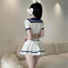 3件套女士水手性感内衣套装，趣味角色扮演服装，包括露脐上衣和性感迷你裙（含内裤） - 藍白色 - 查看 5