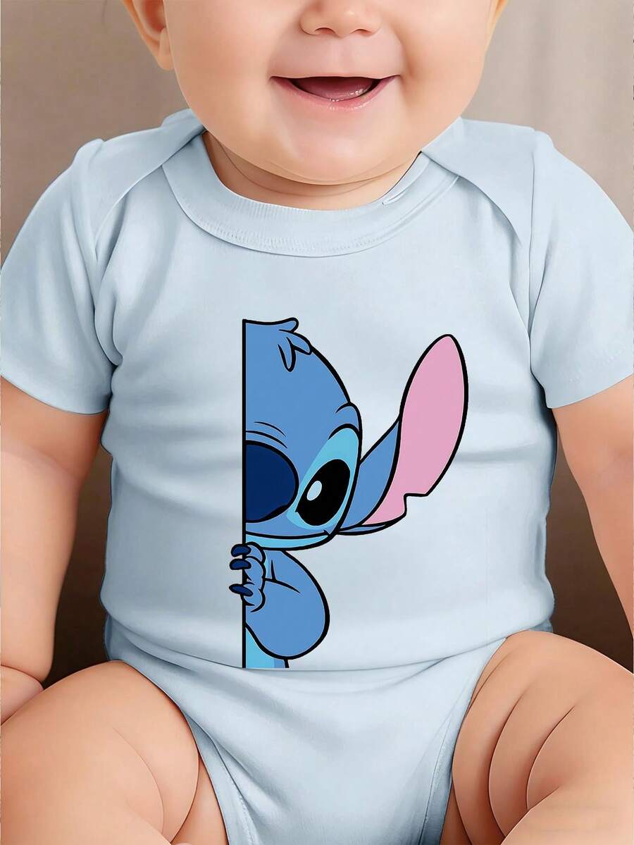 Disney Baby Clothing, Newborn  - Unisex - Disney Stitch Creative Cartoon Print - Crawling And Toddling Stage Set - Summer Outdoor Casual Crewneck Crawling Coverall With Triangle Hem Design - Summer Essential Item - Fun-Filled - Adorably Cute - Perfect Holiday Gift For Infants And Toddlers - 淺藍色 - 查看 1
