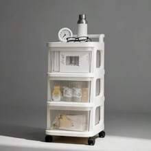 Cream-Colored Plastic Drawer Storage Cabinet With Roller, Suitable For Storing Snacks, Toys, Cosmetics And Various Items, Great For Home Organization - View 9