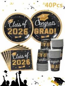 40件套毕业派对一次性餐具套装，黑金毕业帽设计，2026届毕业派对用品，7/9英寸纸盘、纸杯、餐巾纸，毕业庆典装饰，毕业典礼餐桌装饰，毕业派对回礼，毕业礼物 - 2026畢業季黑金 - 查看 2