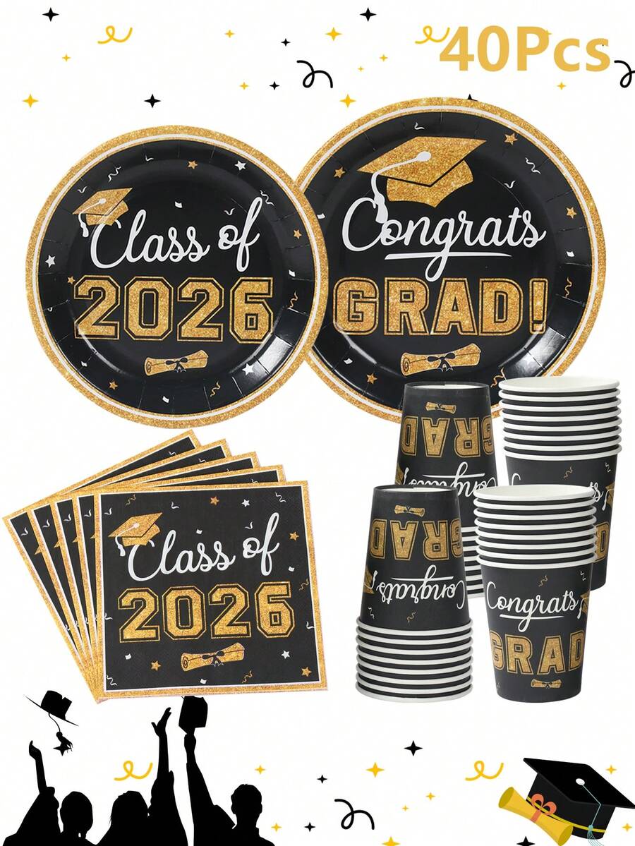 40件套毕业派对一次性餐具套装，黑金毕业帽设计，2026届毕业派对用品，7/9英寸纸盘、纸杯、餐巾纸，毕业庆典装饰，毕业典礼餐桌装饰，毕业派对回礼，毕业礼物