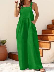 秋冬大码女式褶皱阔腿休闲纯色背带裤 - 綠色 - 查看 3