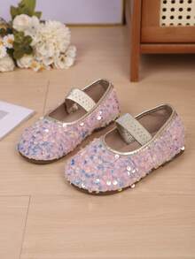 女童秋季新款平底鞋，时尚百搭亮片舞蹈表演鞋，学生鞋，公主鞋，防滑平底鞋 - 粉色 - 查看 4