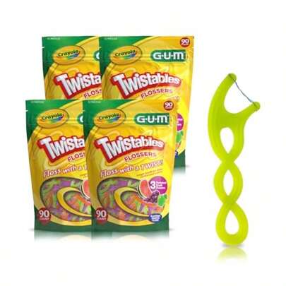 GUM  Twistables - Flossers para niños con flúor, diseñado para manos pequeñas, tres divertidos sabores de frutas, púas de hilo dental fáciles de usar para niños a partir de 3 años,(90 unidades 90 Count (Pack of 4))