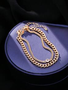 2pcs Minimalist Copper Alloy Bracelet Set, Double-Layer Chain Style Suitable For Men, Daily Wear, Dating, Campus - Yellow Gold - View 3