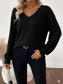Woman Back Bow Detail Ribbed Knit Sweater – Casual Chic Fall/Winter Top - Black - View 3
