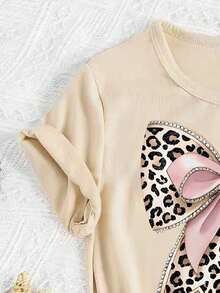 少女蝴蝶结豹纹短袖T恤和打底裤休闲套装 - 杏色 - 查看 3