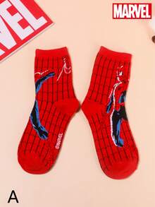 3 Pairs Marvel Superhero Spider-Man Design Sports Socks, Red Mid-Calf Socks, Cartoon Style, Unisex, Suitable For Spring, Summer, Autumn And Winter - Multicolor - View 7